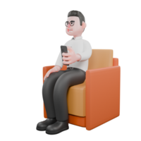 3D Producer Design. A male producer sits on a sofa with his left hand holding a cellphone, smiling expression. Professional Illustration png