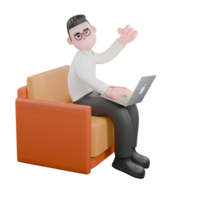 Film Scene 3D Producer. A male producer sits with a laptop on his lap while typing on the keyboard in his right hand, with his head tilted. Film Style png