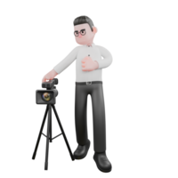 Animated 3D Cartoon. A male producer stands with the camera button pressed in his right hand, and his left hand is clenched. Professional Illustration png