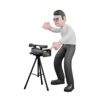 Creative 3D Model. A male producer bends over with his right hand waving his hand, and points towards thecamera with his left hand, while showing a panicked expression. Director Model png