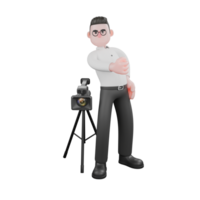 Creative 3D Model. A male producer stands next to a camera with his right hand clenched, and his left hand is on his waist, as if posing. Film Style png