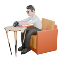 animado 3d dibujos animados. un masculino productor se sienta en un sofá, y ambos manos son en el mesa mientras arreglando un laminación cámara, libros y bebidas profesional ilustración png