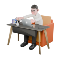 criativo 3d modelo. uma masculino produtor senta em uma sofá com uma computador portátil em a mesa com 1 mão segurando uma filme ainda. diretor modelo png