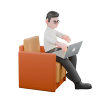 Film Studio Producer. A male producer sits on a sofa with a laptop on his lap while typing with his right hand on the keyboard. Studio Style png