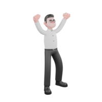 3D Filmmaker Producer. A male producer stands with both hands raised and clenched. Animation png