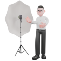 Film Scene 3D Producer. A male producer stands with a studio light beside him with his right hand open. 3D Style png