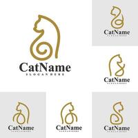 Set of Simple line Cat logo illustration. Cat logo design concept template vector