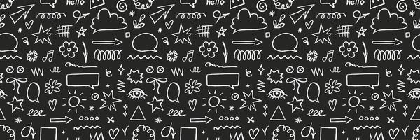Crayon drawn doodle seamless pattern, shapes, line and simple elements. Hand drawn brush highlight, arrow, speech bubble cloud, illustration vector