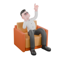 Animated 3D Cartoon. A male producer sits on a sofa with one hand on his chin and the other pointing upwards, a thoughtful expression., expression in agreement. Animation png