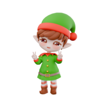 Chibi Elf Holiday Character. A male Chibi Elf stands with both hands forming a 2 finger pose, smiling expression. Christmas 3D Cartoon Design png