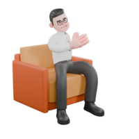 3D Producer Design. A male producer sits on a chair with both hands clapped, a happy expression. Animation png