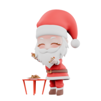 Chibi Santa Boy Christmas 3D Design. A Chibi Santa Boy Standing in front of a dining table, holding biscuits in both hands while expressing enjoyment. Festive Cartoon Model png
