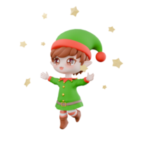 Holiday Cartoon Chibi Elf . A male Chibi Elf walks surrounded by stars with both hands open as if enjoying the atmosphere. Festive Christmas 3D Model png