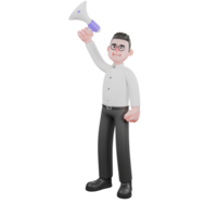 Creative 3D Model. A male producer stands with one hand holding a loudspeaker up, a proud expression. Movie Style png