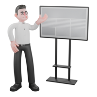 Movie Producer Cartoon. A male producer stands next to a whiteboard with his left palm open, as if explaining. Cartoon 3D Model png
