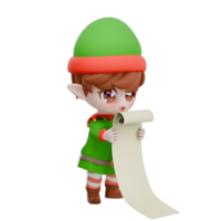 Holiday Cartoon Christmas Chibi Elf. A male Chibi elf stands while both hands hold a long piece of paper with a surprised expression. Festive 3D Model png