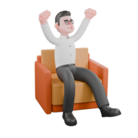 Film Set Cartoon Producer. A male producer sits on a sofa with both hands clenched into fists, smiling broadly, a triumphant expression. Film Style png