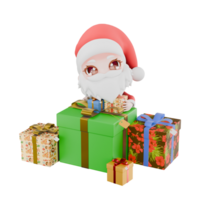 Christmas Chibi Santa Boy Cartoon Design. A Chibi Santa Boy Standing in front of a pile of presents while holding presents in both hands, expressing happiness. 3D Model Character png