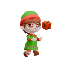 Chibi Elf Holiday Festive Cartoon. A male Chibi elf runs with both hands as if he wants to catch a floating gift, cheerful expression. Christmas 3D Design png
