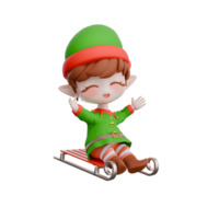 Festive Christmas Cartoon Elf Chibi. A male Chibi elf sitting on a snow sled with both hands open upwards, smiling expression with eyes closed. Holiday 3D Illustration png