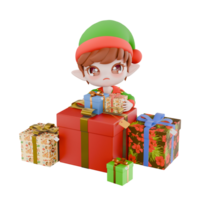 Christmas Chibi Elf Cartoon Design. A male Chibi Elf sits behind a pile of presents with his hands holding presents, a moved expression. 3D Model Character png
