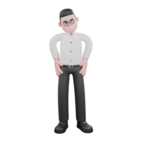 3D Filmmaker Producer. A male producer standing with his hands on his hips, listening to a coworker while nodding, expression in agreement. Movie Style png