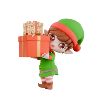 Chibi Christmas Elf Festive Character. A male Chibi Elf stands while carrying a pile of presents with both hands, a wide smiling expression. Holiday 3D Design png