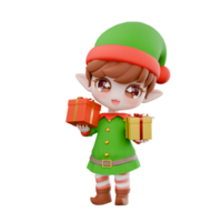Chibi Christmas Cartoon Elf Design. A male Chibi elf standing with both hands holding a present with a smiling expression with eyes closed. Holiday Festive 3D Model png