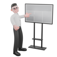 Creative 3D Model. A male producer standing in front of a whiteboard with his hand pointing at the board, speaking with an expression full of ideas. Director Model png