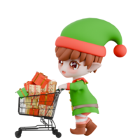 Chibi Elf Holiday Cartoon Character. A Chibi Elf walks while pushing a trolley containing several presents inside, with a happy expression. Festive 3D Model png