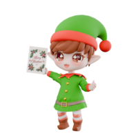 Christmas Chibi Elf Festive Cartoon. A Chibi Elf stands with her right hand holding a Christmas greeting card, with a wide smiling expression. 3D Model Design png