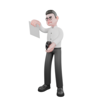 Filmmaker 3D Cartoon. A male producer stands with one hand holding a paper while the other hand holds a film roll, his head is slightly tilted. 3D Style png