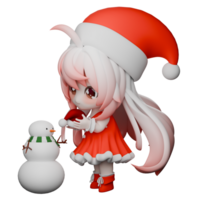 Chibi Girls Santa Christmas Model. A chibi girl Santa stands in front of a snowman holding a Christmas hat in both hands, as if wanting to put it on the snowman. 3D Cartoon Illustration png