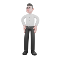 Animated 3D Cartoon. A male producer stands with both hands on his hips while his head is slightly tilted to the side, his eyes looking away with a bright expression. Animation png