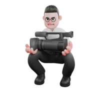 Creative 3D Model. A male producer sits squatting while both hands holding a studio camera with a wide smiling expression.Film Style png