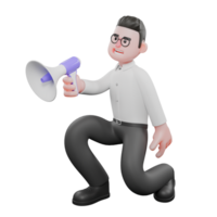 3D Producer Character.A male producer kneels with his right leg bent in front and his left leg bent back while his right hand holds a loudspeaker, a wide smile on his face. Movie Style png