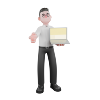 3D Cartoon Model. A male producer stands with his right hand pointing forward while his left hand holds an open laptop. Professional Illustration png