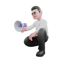 Cartoon Movie Director. A male producer crouches with one hand holding a loudspeaker while his head is slightly tilted, a wide smiling expression. Animation png