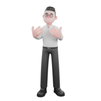 3D Producer Design. A male producer stands with both hands in front of his chest, a friendly smiling expression on his face. Film Style png