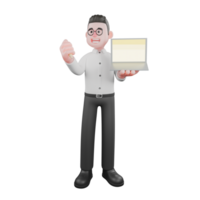 3D Cartoon Model. A male producer stands with his right hand clenched forward while his left hand holds an open laptop, satisfied expression. Animation png