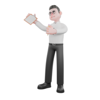 3D Producer Design. A male producer stands with one hand holding a clipboard while his other hand extends his thumb forward, happy expression. Producer Character png
