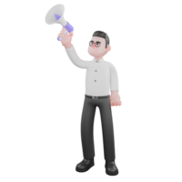 Film Scene 3D Producer. A male producer stands with his right hand holding a loudspeaker up while his left hand is clenched at his side. Animation png