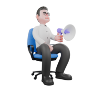 Cartoon Movie Director. A male producer sits on a work chair with his left hand holding a loudspeaker while looking up Animation png