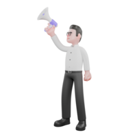 Creative 3D Model. A male producer stands with his right hand holding a loudspeaker up while his left hand is clenched into a fist. Cartoon 3D Model png