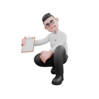 Film Scene 3D Producer. A male producer crouches with his right hand carrying a clipboard while his head is slightly tilted, a wide smiling expression. 3D Style png