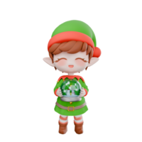 Festive Holiday Cartoon Elf Chibi. A male Chibi elf standing with both hands holding a snow globe toy, smiling expression with eyes closed. Christmas 3D Design png