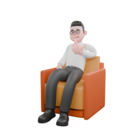 Creative 3D Model. A male producer sits on a sofa with his right index finger on his chin, a thoughtful expression. Film Style png