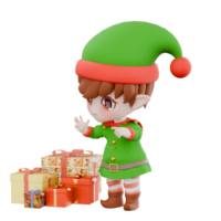 Chibi Elf Cartoon Christmas Character. A male Chibi elf stands next to a gift with his left hand pointing in a certain direction while his right hand is open. Holiday Festive Model png