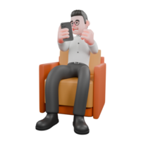 Animated 3D Cartoon. A male producer sits on a sofa with his right hand holding a tablet while his left hand is clenched, happy expression. Film Style png