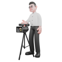 3D Cartoon Model. A male producer stands behind the camera with one hand forward, smiling expression. Film Style png